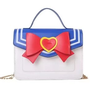 🍒♡White & Blue Sailor-Style Top Handle Bag with Red Bow Accent